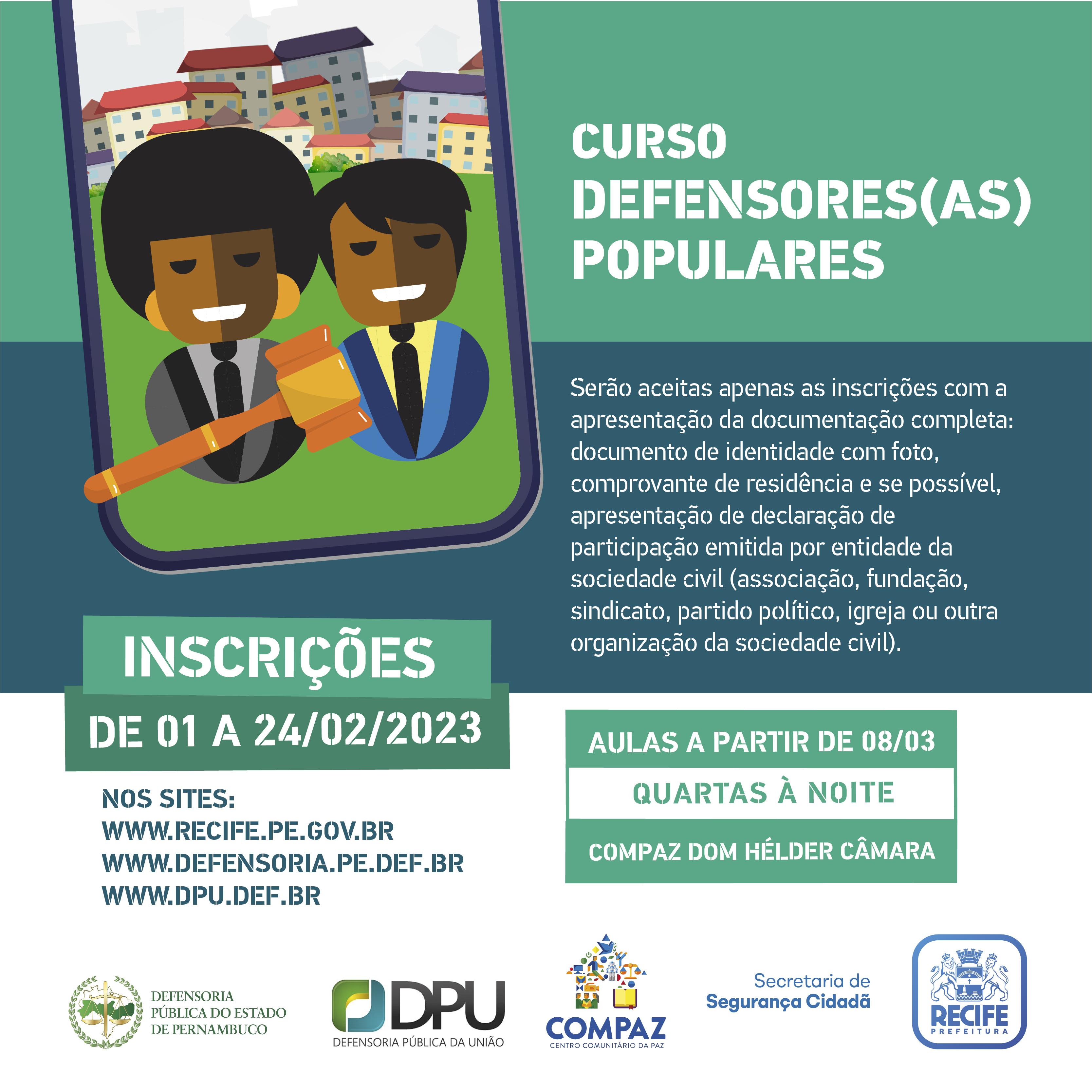 Cartaz com informações sobre o Curso Defensores Populares, edição 2023.